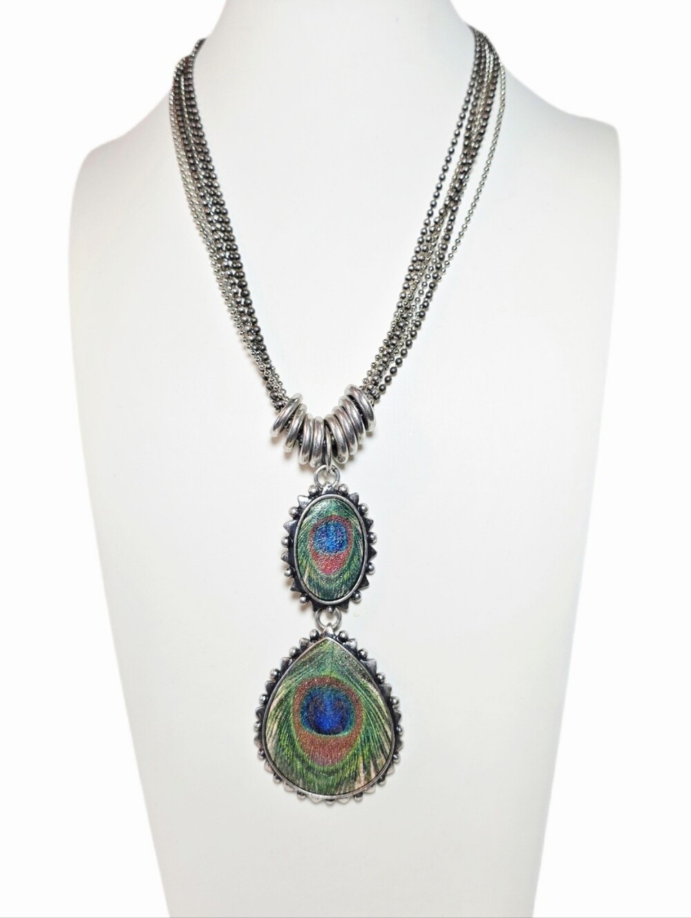 Boho Silver-Tone Peacock Feather Pendant Necklace By Midnght Velvet